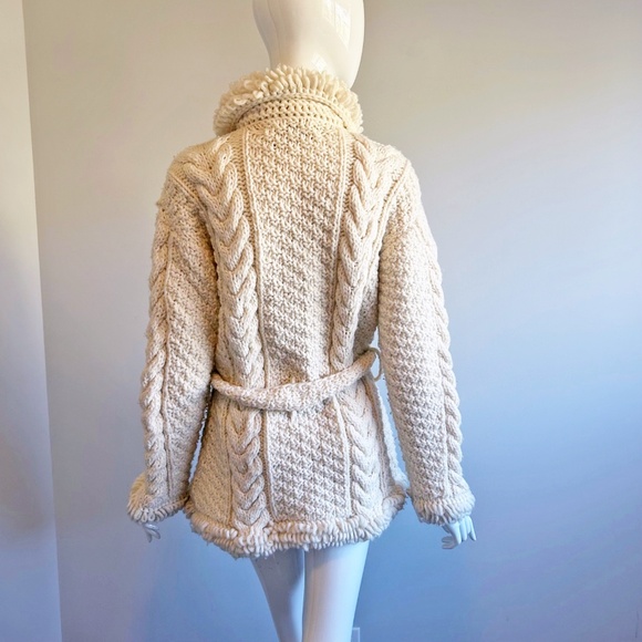 Knit Cardigan Wool Jacket with tie belt, white, Size M - Picture 6 of 12